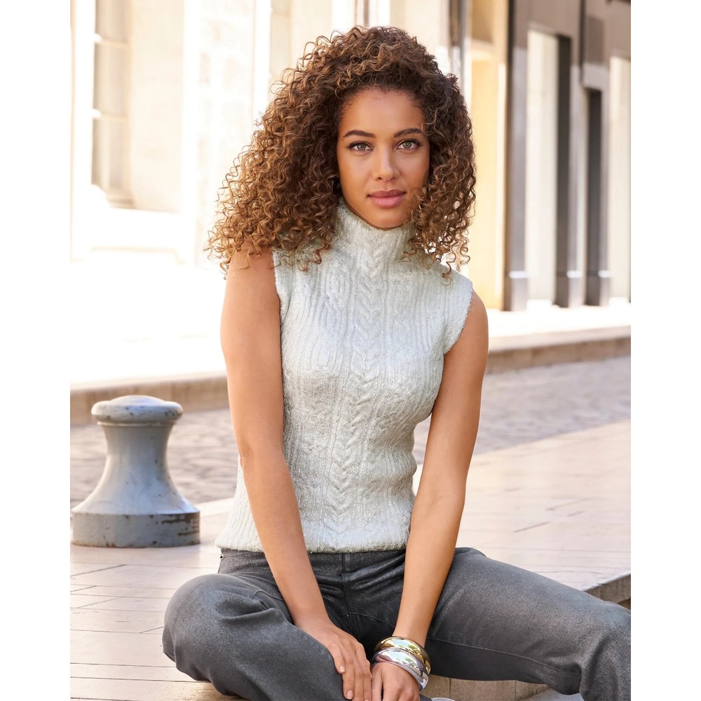 Boston Proper Silver Foil Cable Knit Sleeveless Mock Neck Sweater Medium NWT